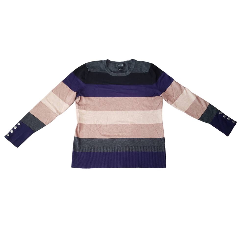 Investments Petites Striped Multi Color Long Sleeve Shirt Sweater Sleeve Buttons